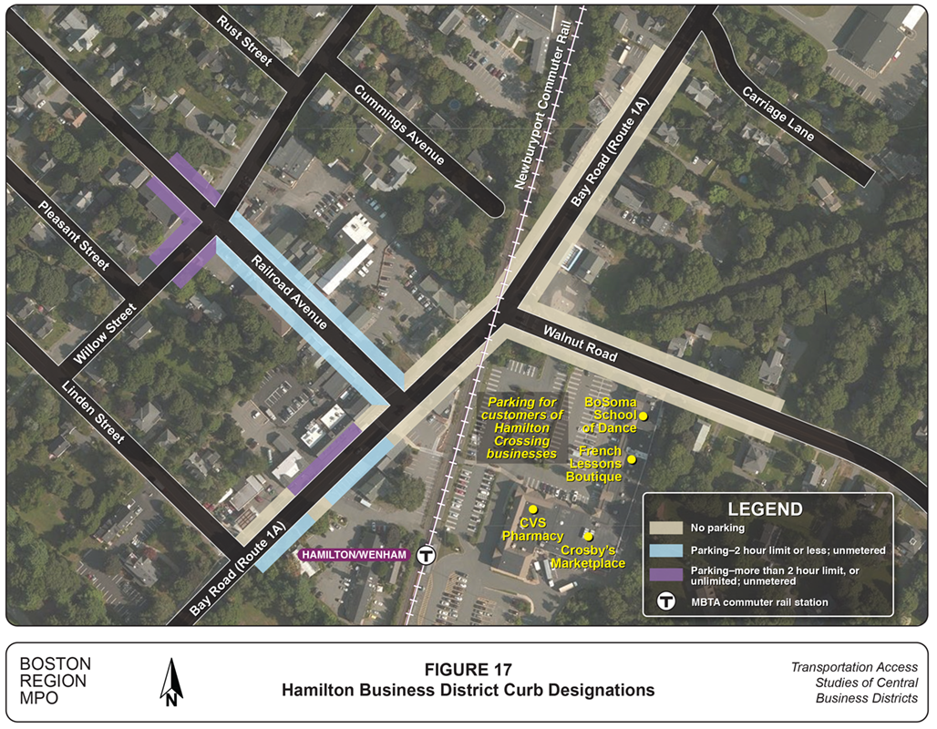 Hamilton Business District Curb Designations
This figure is a map showing the curb lane designations in the Hamilton central business district, and the businesses where customer surveying was conducted.
Hamilton Business District Curb Designations
This figure is a map showing the curb lane designations in the Hamilton central business district, and the businesses where customer surveying was conducted.